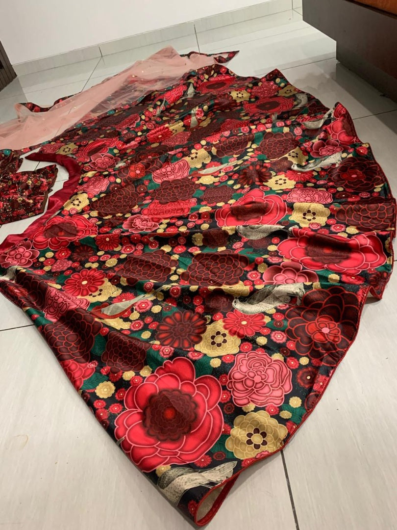 Red floral printed gota zari wedding lehenga choli