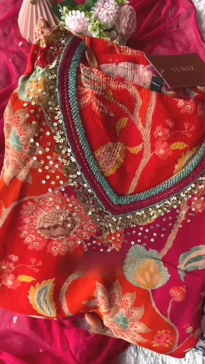 Red floral printed thread sequence work designer alia cut kurti