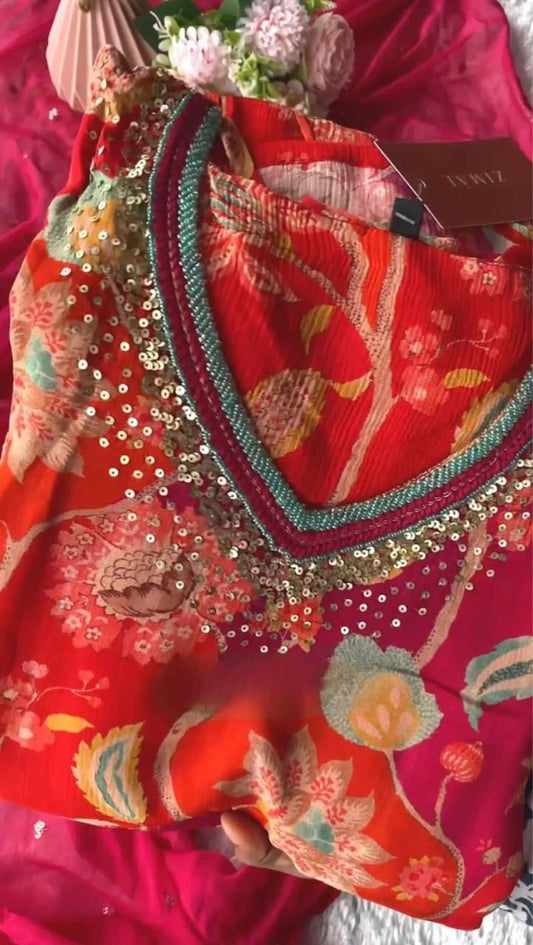 Red floral printed thread sequence work designer alia cut kurti