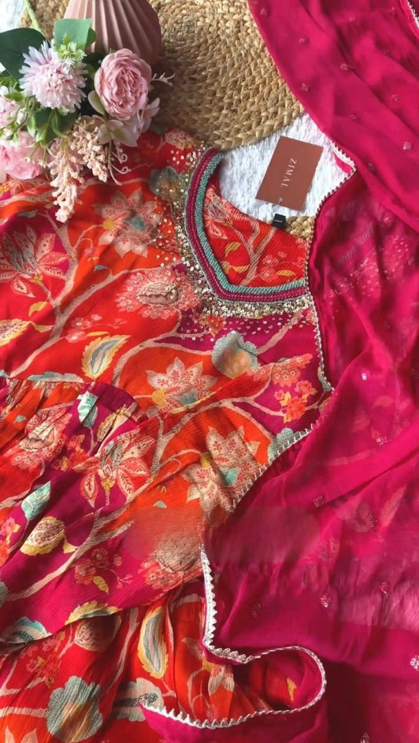 Red floral printed thread sequence work designer alia cut kurti