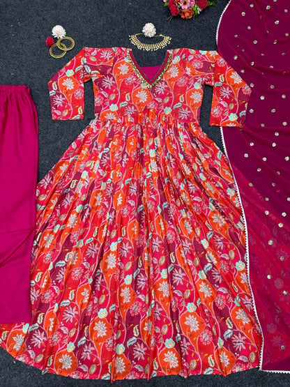 Red floral printed thread sequence work designer alia cut kurti