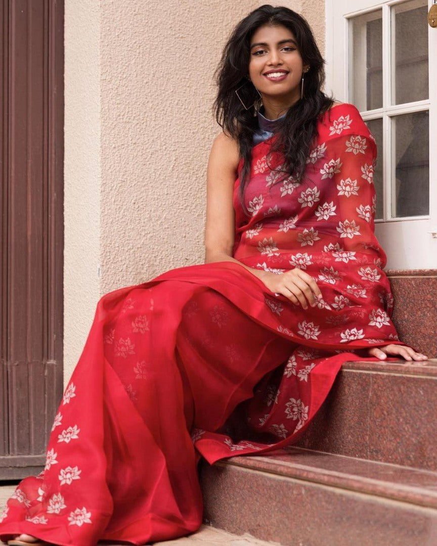 Red flower printed organza saree