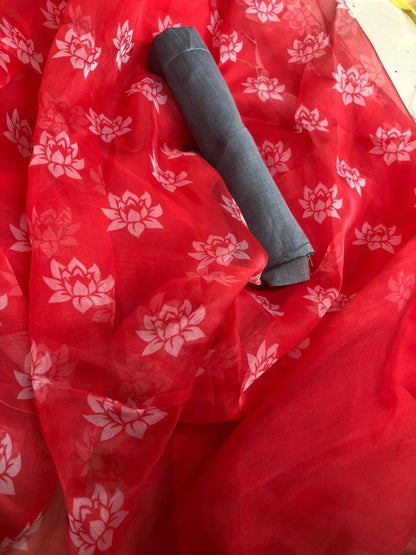 Red flower printed organza saree