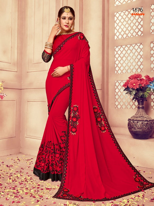 red georgette and rassal net embroidered wedding saree