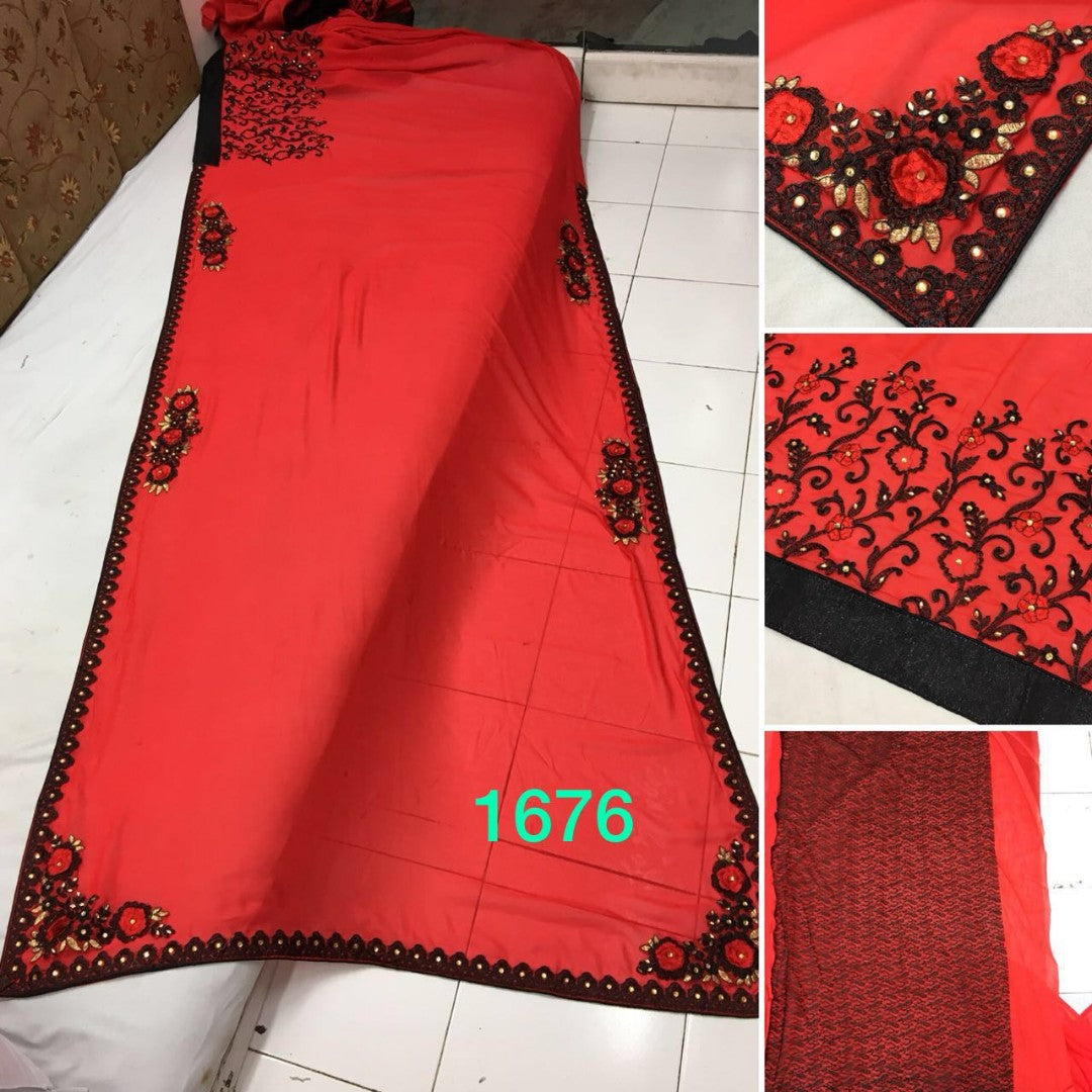 red georgette and rassal net embroidered wedding saree