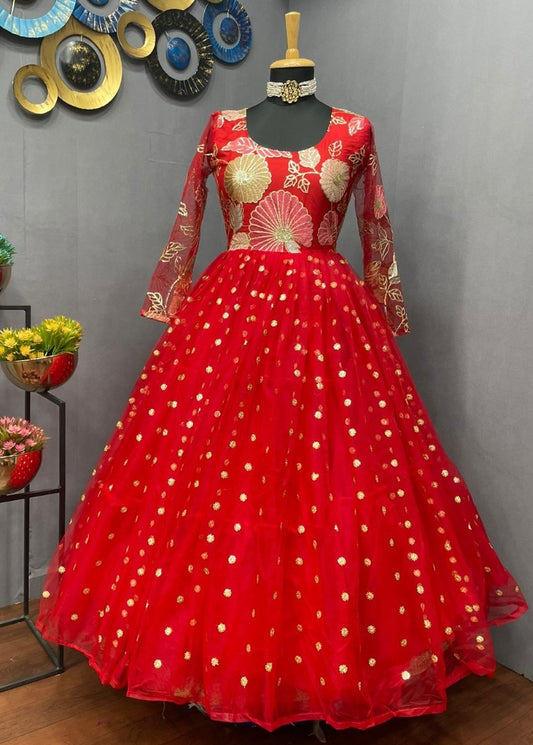 Red georgette and soft net embroidered gown