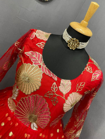 Red georgette and soft net embroidered gown