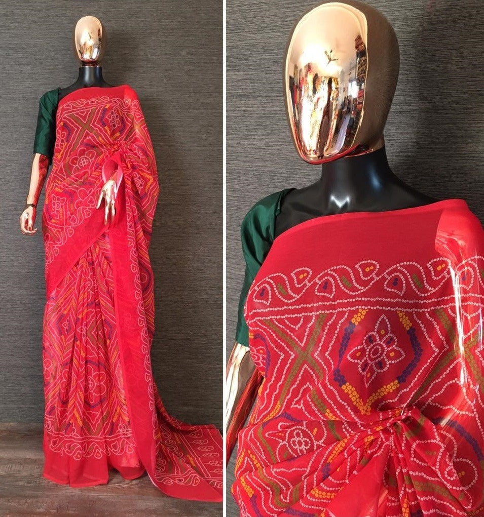 Red georgette bandhani print traditional saree