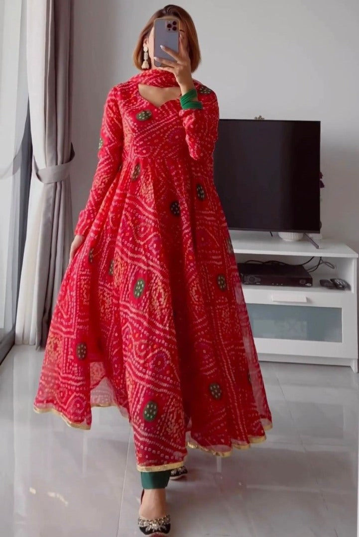 Red georgette bandhni print anarkali suit