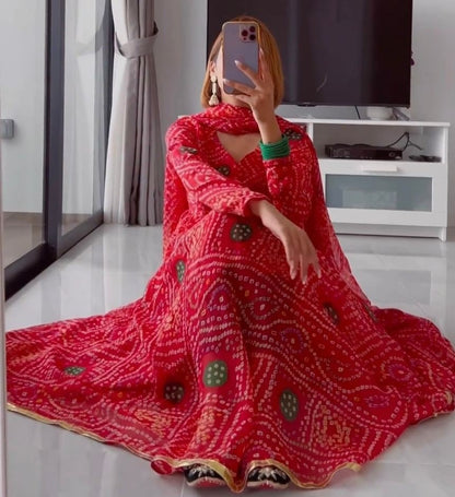 Red georgette bandhni print anarkali suit