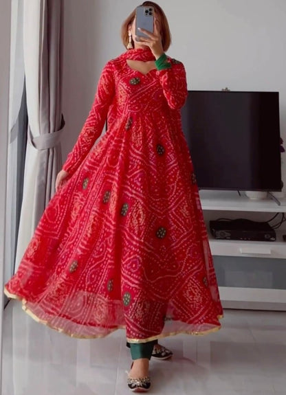 Red georgette bandhni print anarkali suit