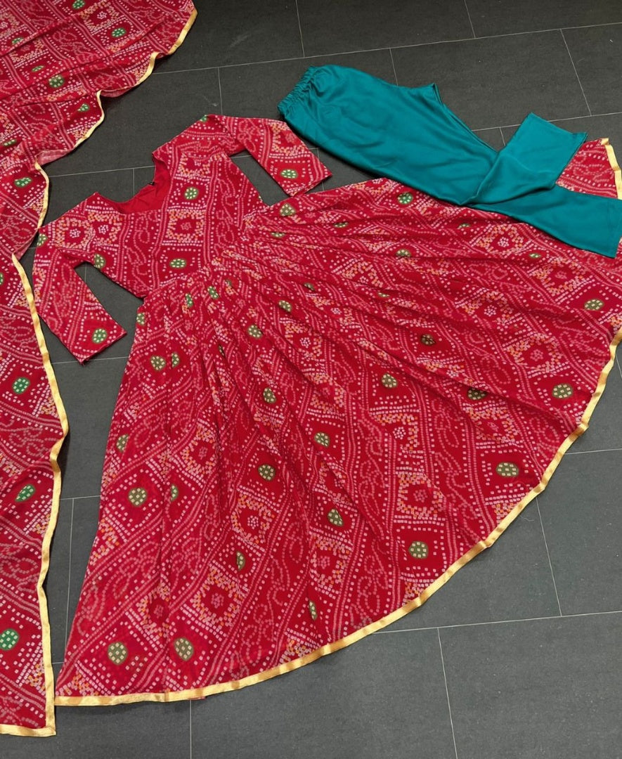 Red georgette bandhni print anarkali suit