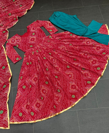 Red georgette bandhni print anarkali suit