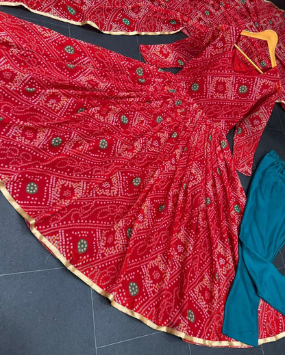 Red georgette bandhni print anarkali suit