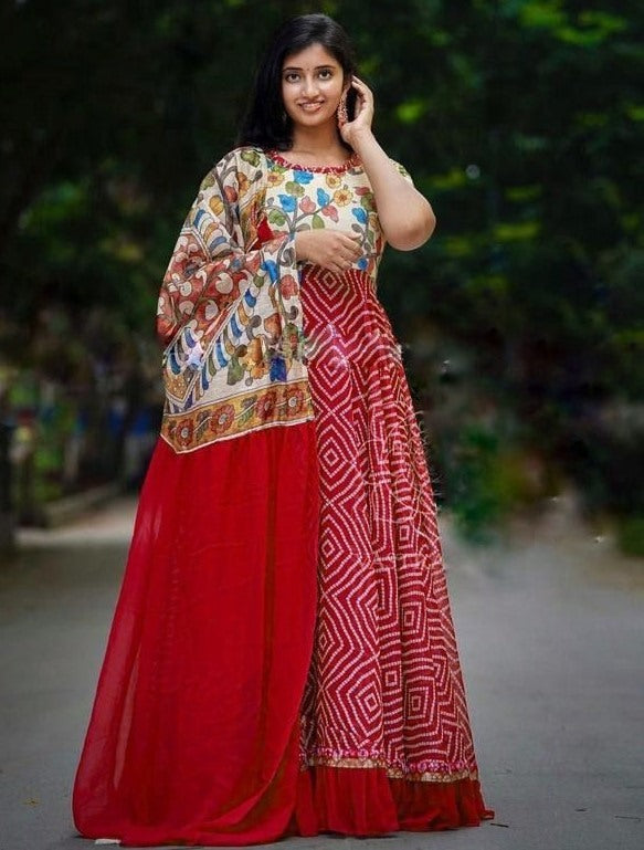 Red georgette bandhni print long anarkali gown