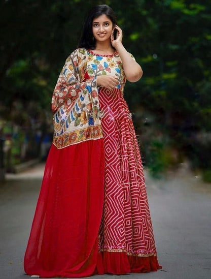 Red georgette bandhni print long anarkali gown