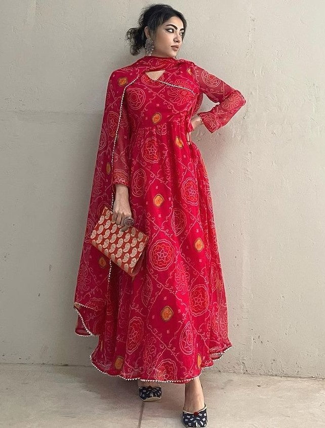 Red georgette bandhni printed anarkali suit