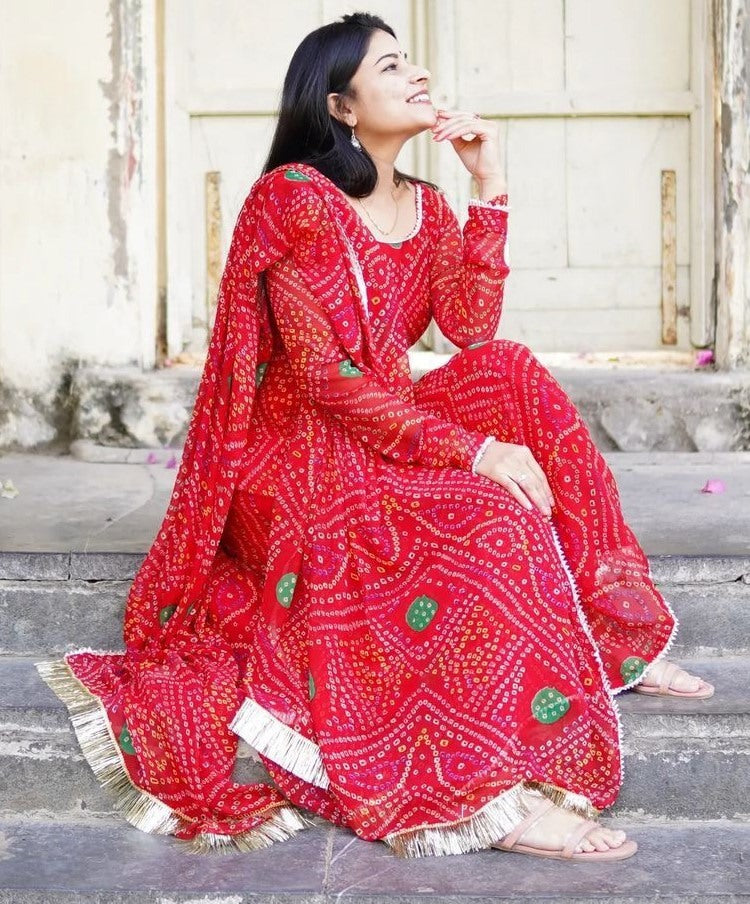 Red georgette bandhni printed anarkali suit