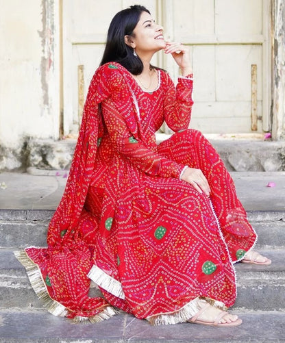 Red georgette bandhni printed anarkali suit