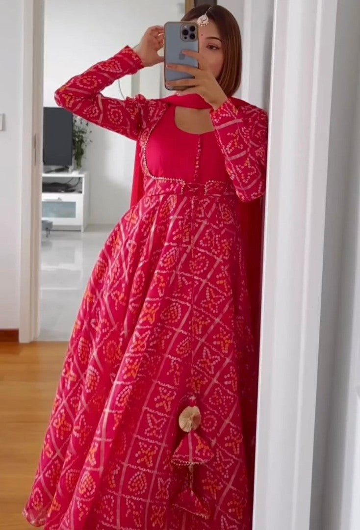 Red georgette bandhni printed anarkali suit