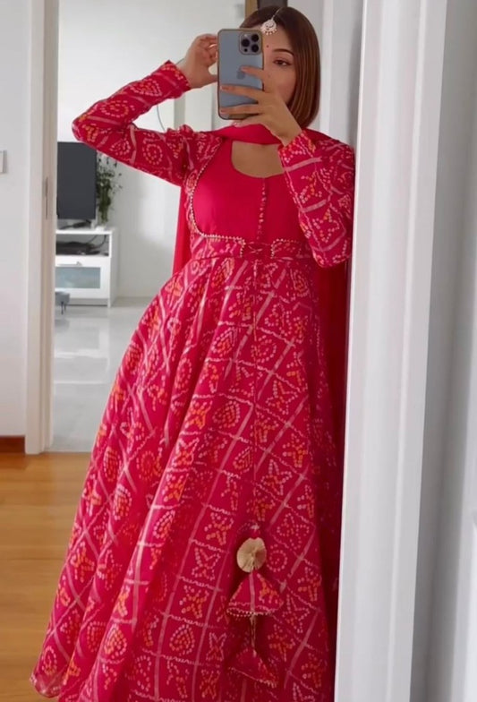 Red georgette bandhni printed anarkali suit