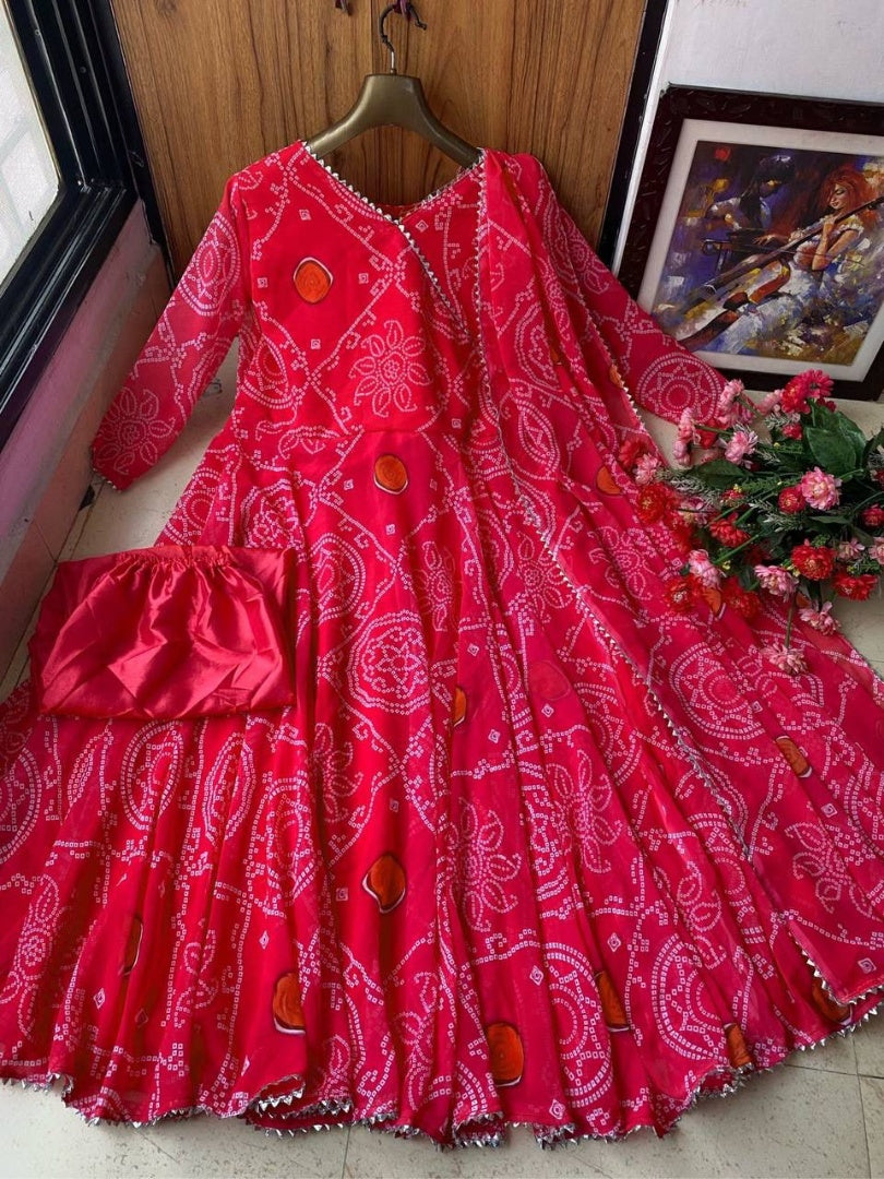 Red georgette bandhni printed anarkali suit