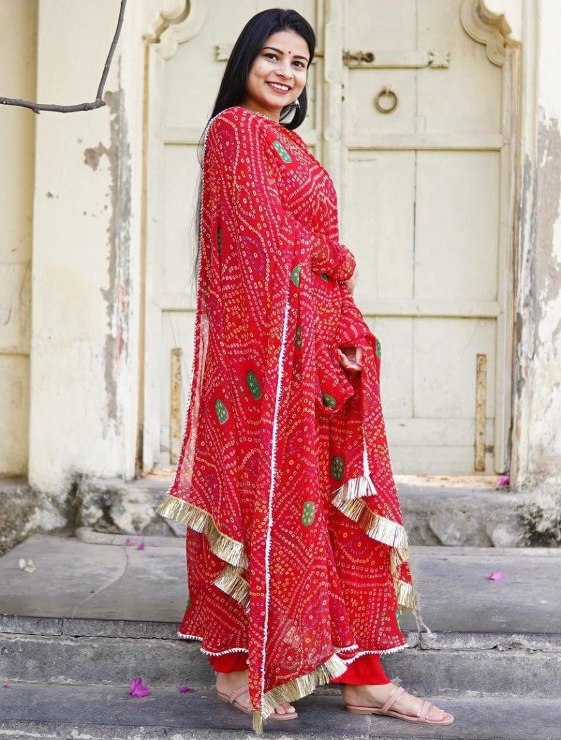 Red georgette bandhni printed anarkali suit