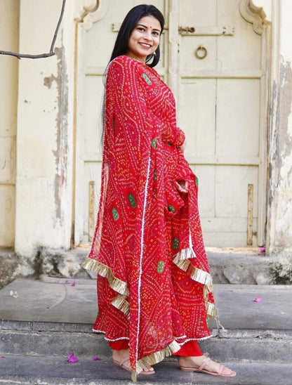 Red georgette bandhni printed anarkali suit