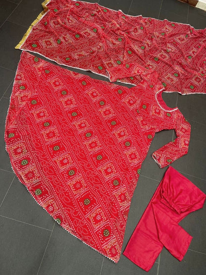 Red georgette bandhni printed anarkali suit