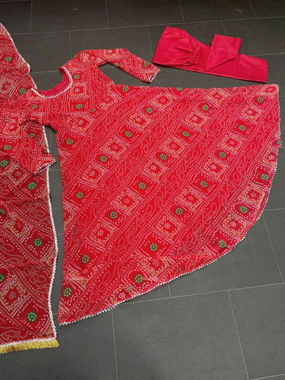 Red georgette bandhni printed anarkali suit