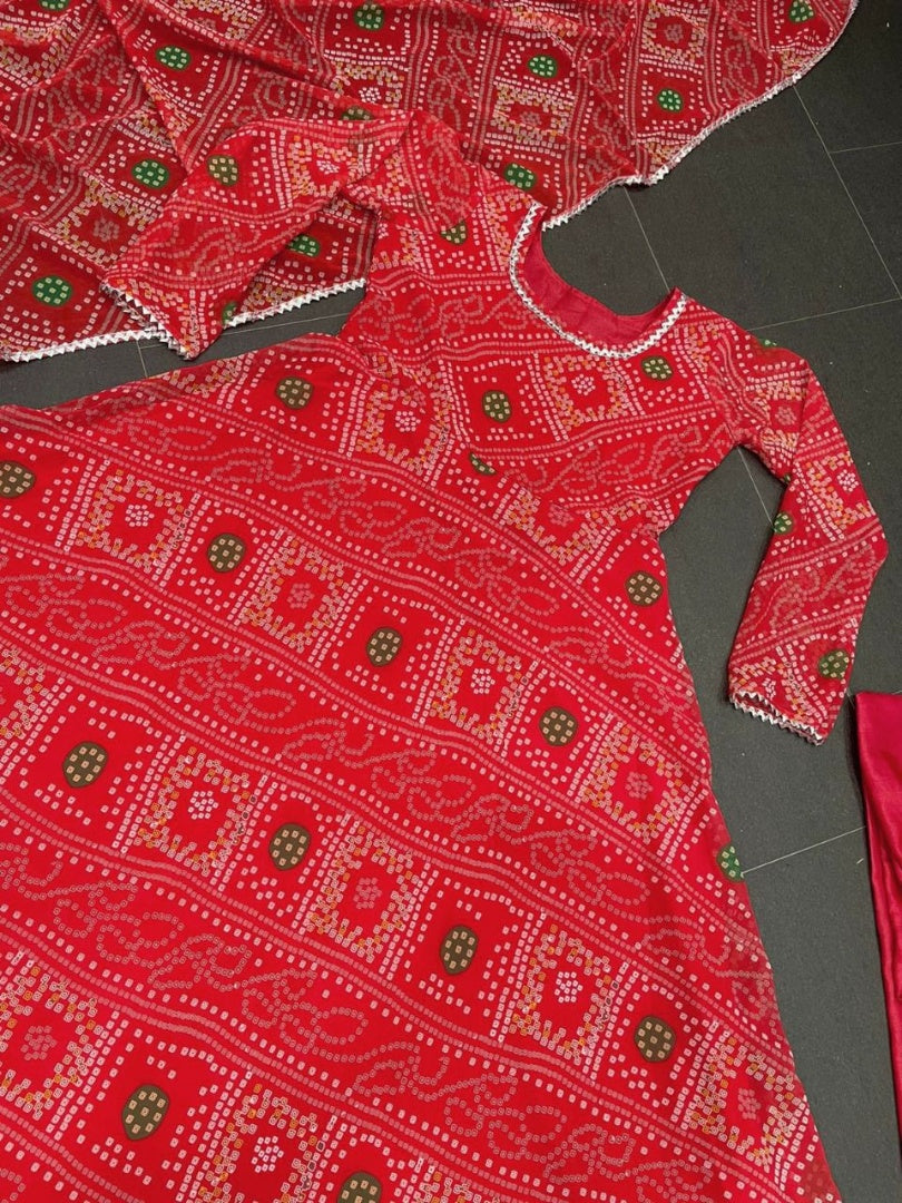 Red georgette bandhni printed anarkali suit