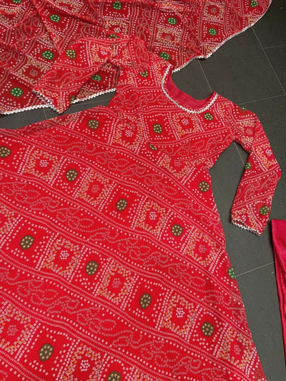 Red georgette bandhni printed anarkali suit