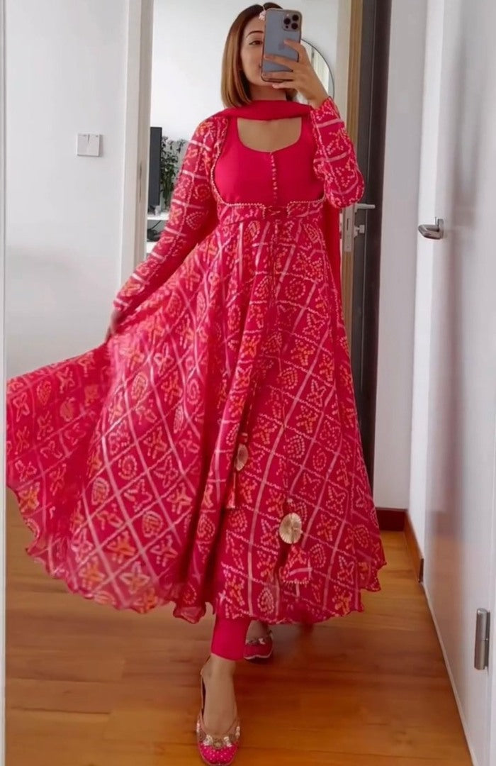 Red georgette bandhni printed anarkali suit