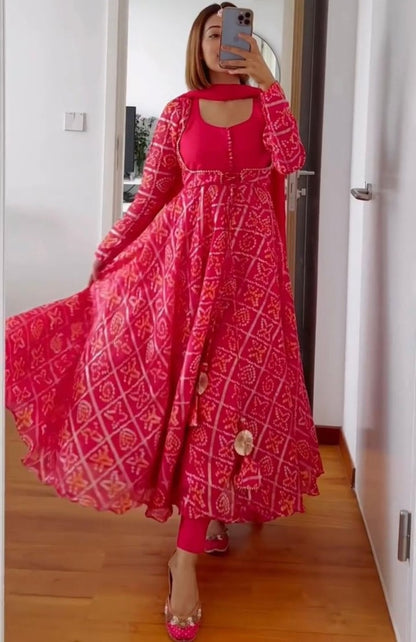 Red georgette bandhni printed anarkali suit