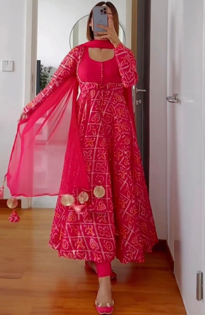 Red georgette bandhni printed anarkali suit