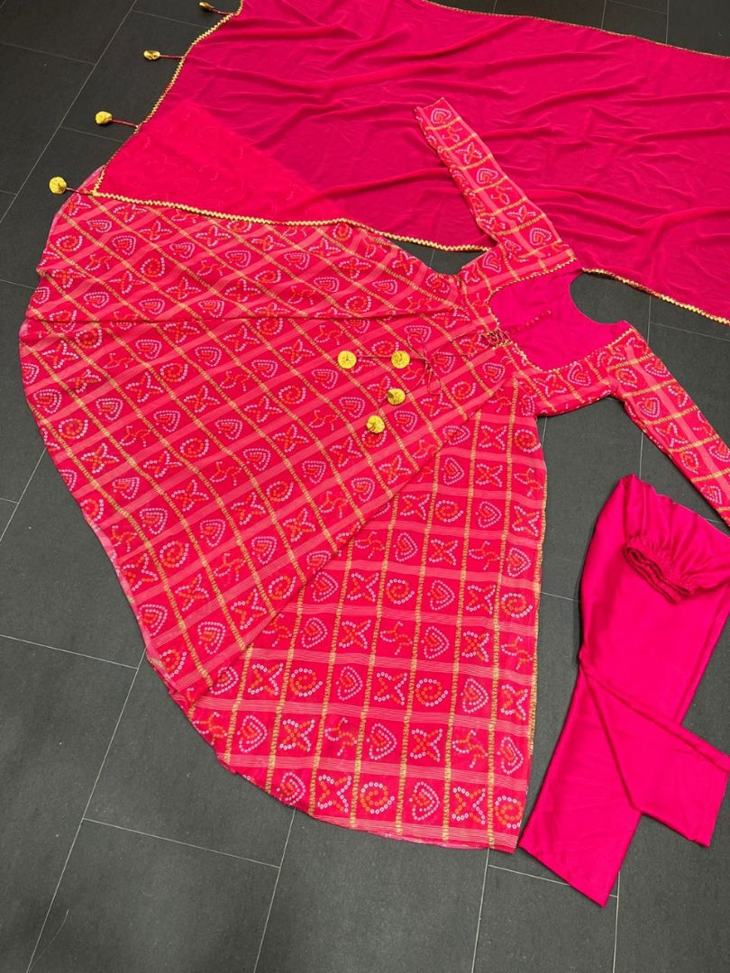 Red georgette bandhni printed anarkali suit