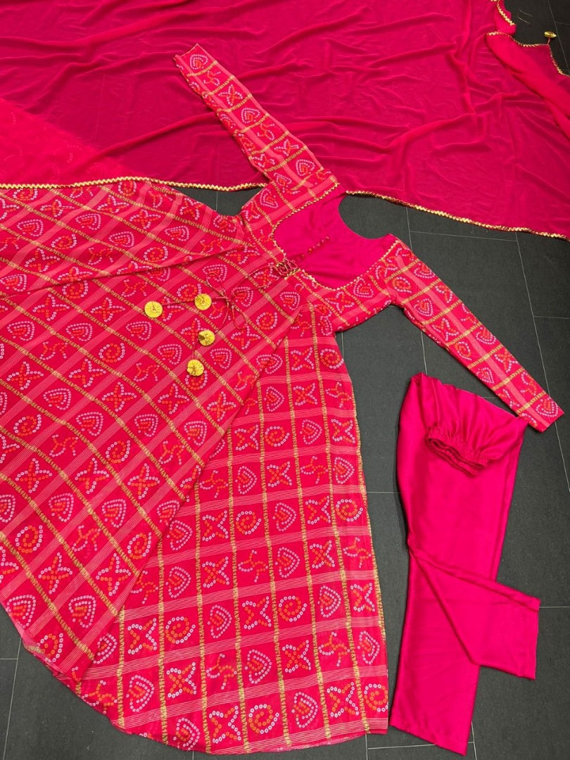 Red georgette bandhni printed anarkali suit