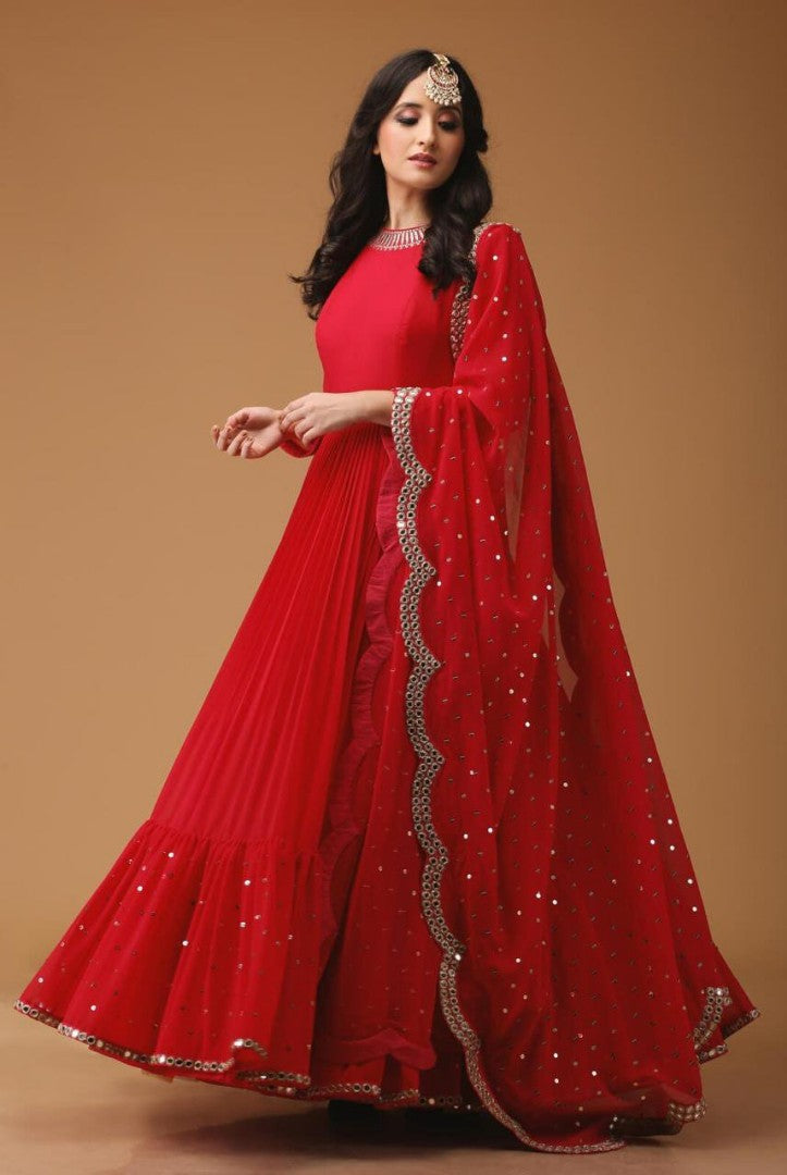 Red georgette beautiful embroidered partywear anarkali suit