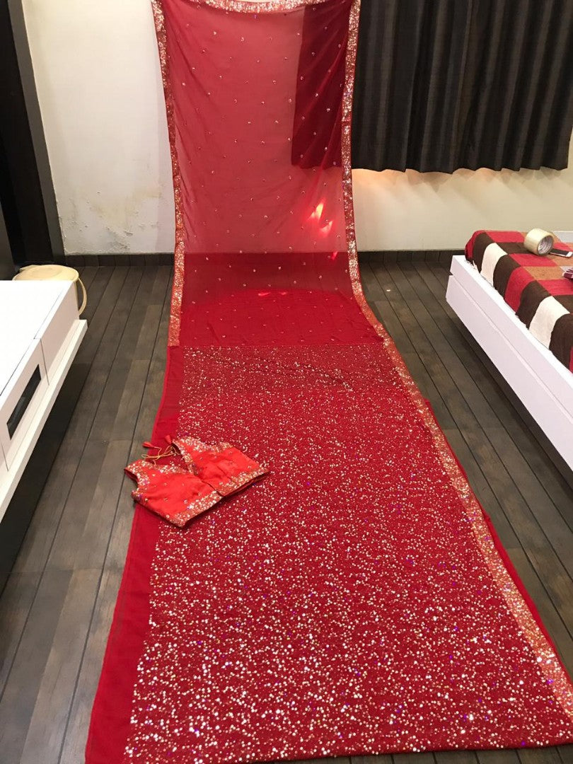 red georgette bollywood style sequence worked partywear saree
