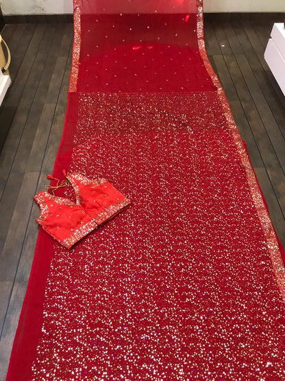 red georgette bollywood style sequence worked partywear saree