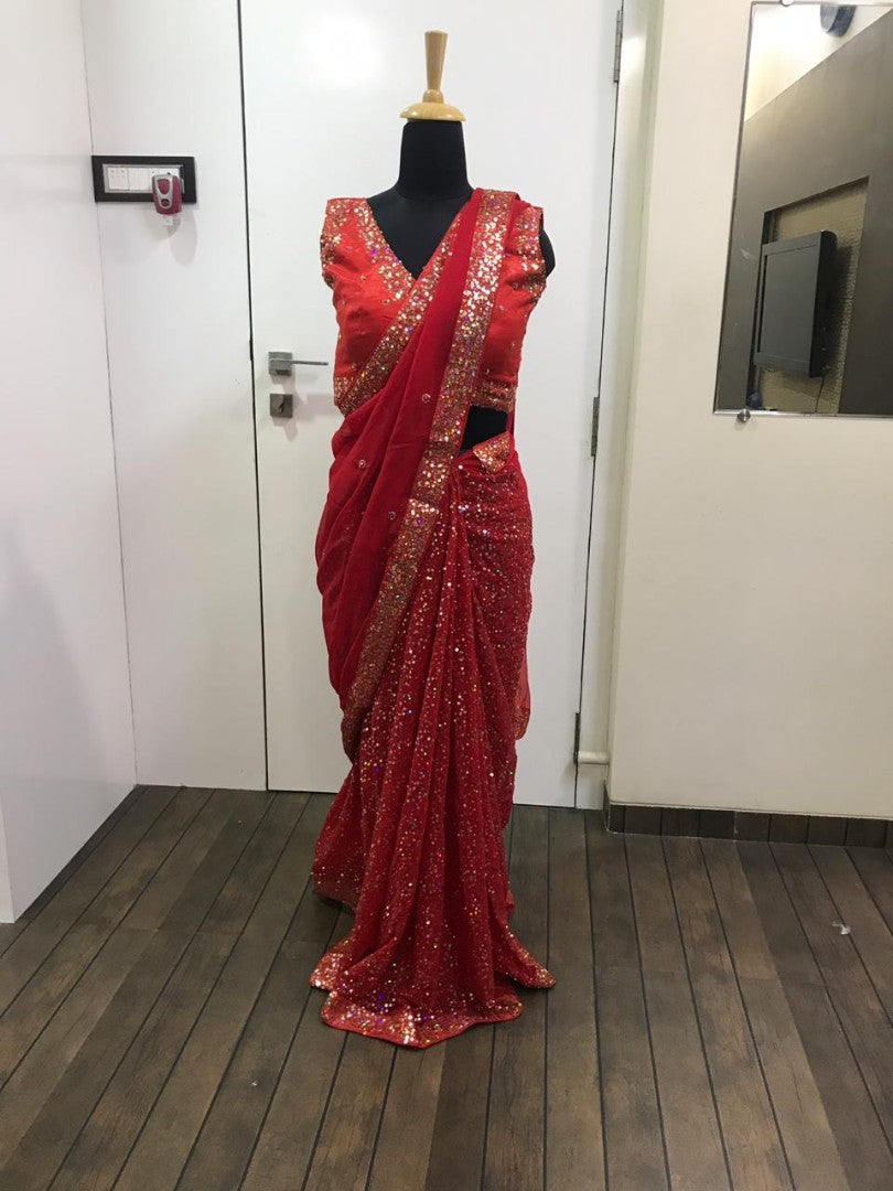 red georgette bollywood style sequence worked partywear saree