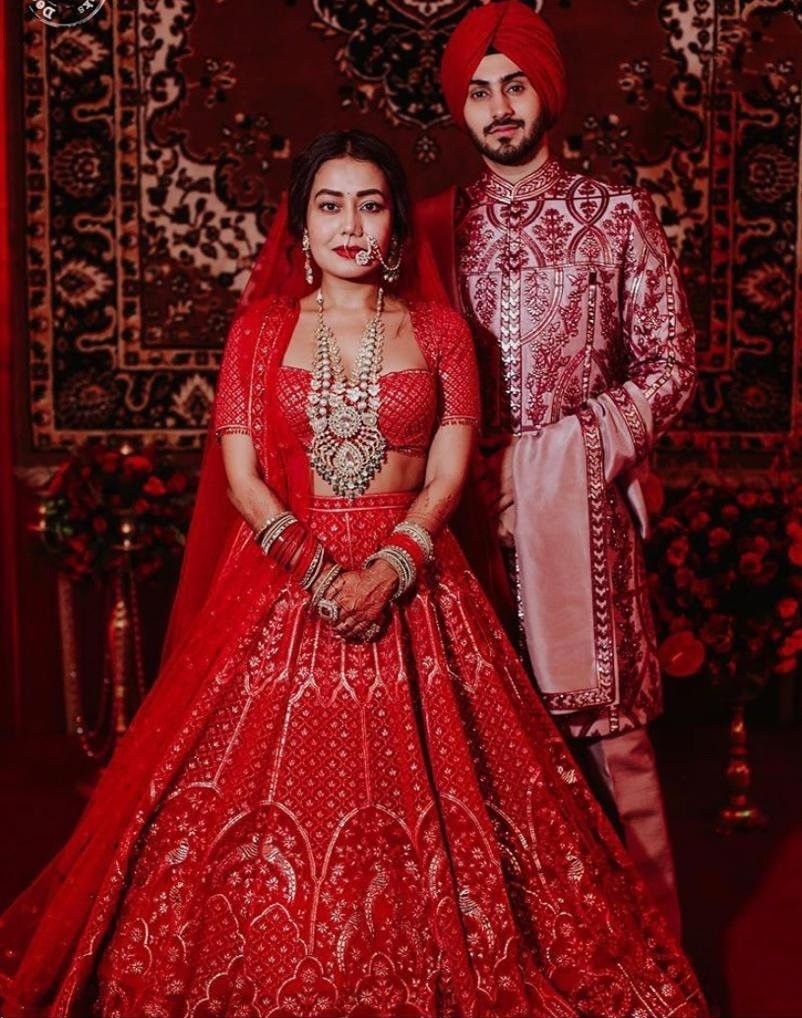 Red georgette chainstitch worked wedding lehenga choli