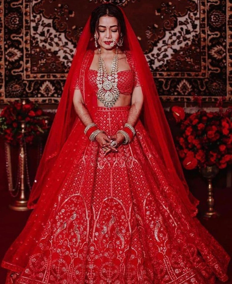 Red georgette chainstitch worked wedding lehenga choli