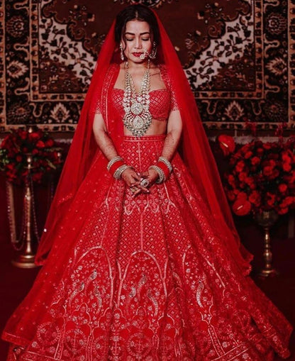 Red georgette chainstitch worked wedding lehenga choli