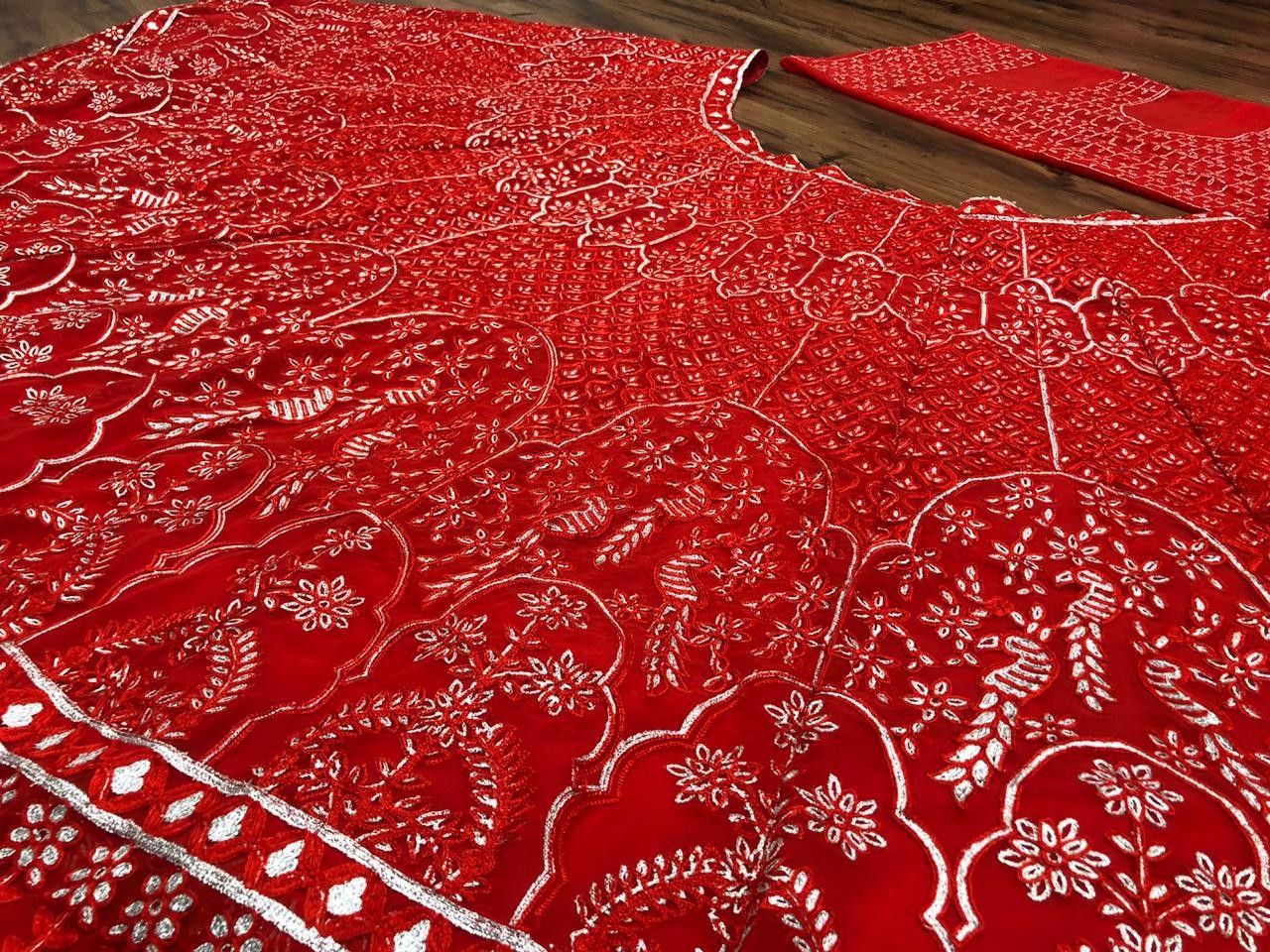 Red georgette chainstitch worked wedding lehenga choli