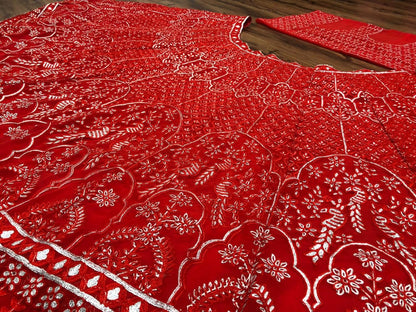Red georgette chainstitch worked wedding lehenga choli