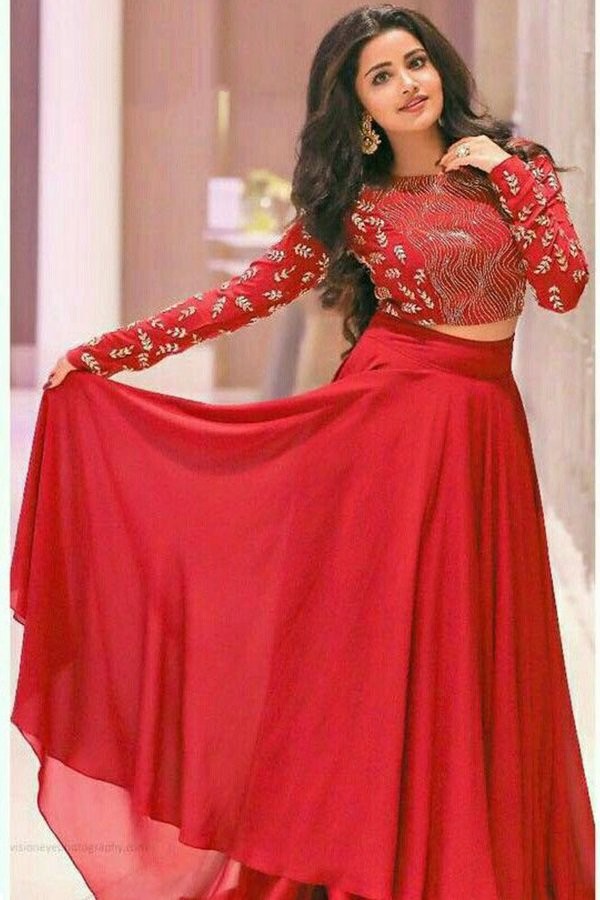 Red georgette crop top partywear lehenga