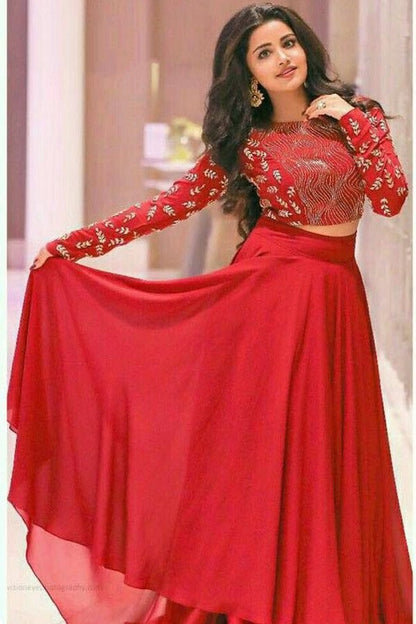 Red georgette crop top partywear lehenga