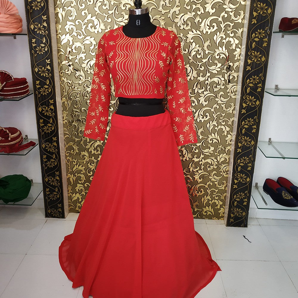 Red georgette crop top partywear lehenga