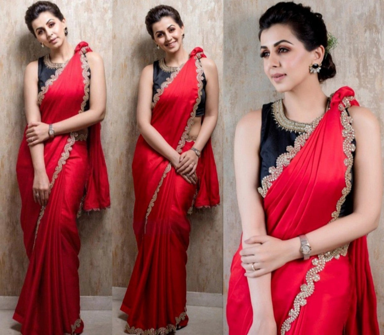 Red georgette designer fancy thread and dori worked partywear saree